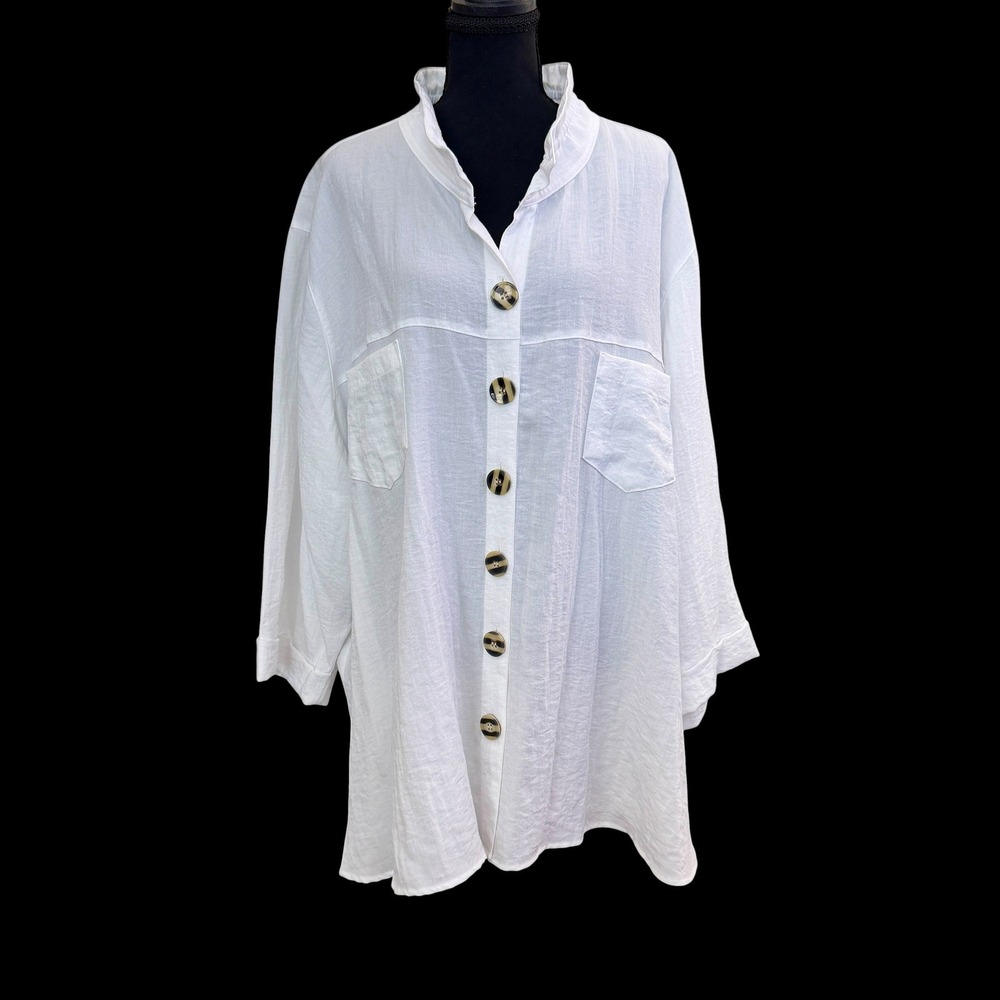 John Mark Wire Collar 3/4 Sleeve Camp Shirt 3X White Button Up Coastal Lagenlook